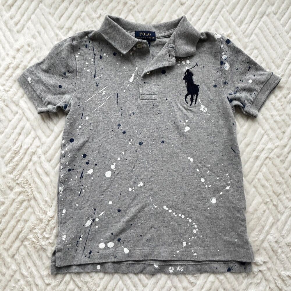 Polo Ralph Lauren Boys Size 6 Gray Paint Splatter Polo Shirt Short Sleeve